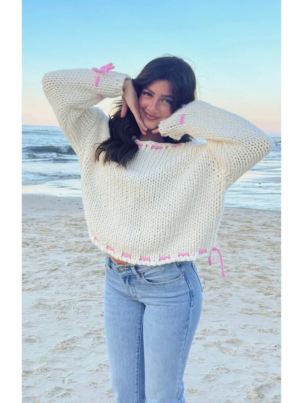 Beginning Boutique Bea Cream Sweater with Pink Detail Chunky Knit Slouchy Casual